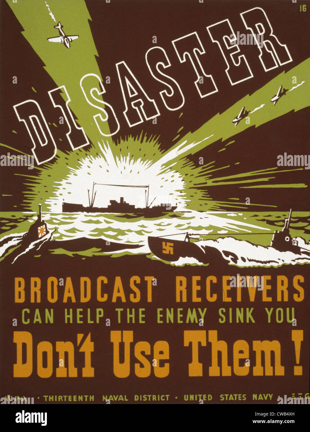 Zweiter Weltkrieg, Plakat zur dreizehnten Naval District, United States Navy zeigen japanische und deutsche u-Boote und Flugzeuge Stockfoto
