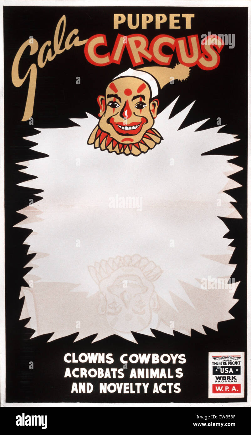 Plakat für Federal Theatre Project Präsentation einer Marionette Zirkus, mit Kopf eines Clowns Text lautet: "Gala Marionette Zirkus Stockfoto