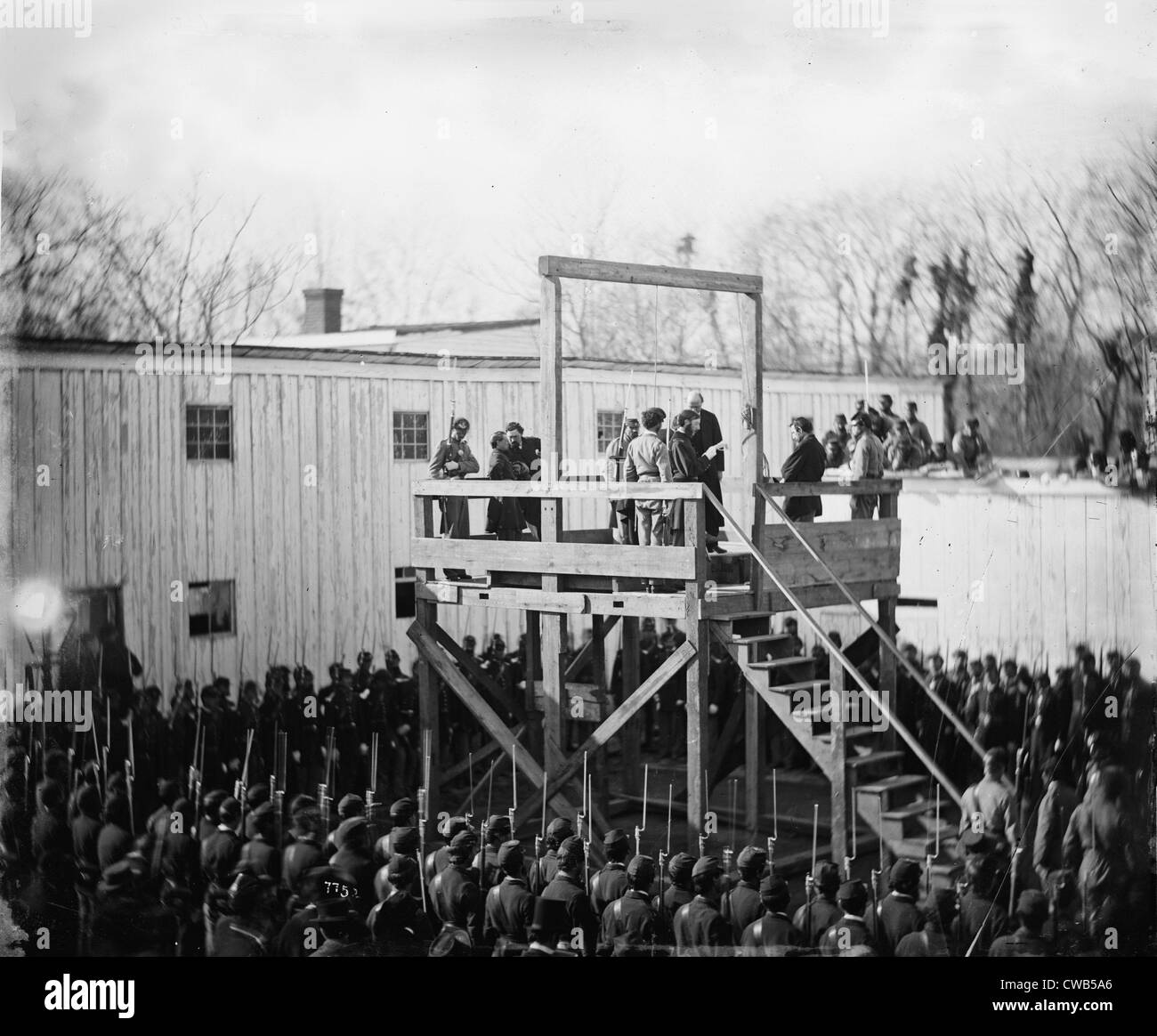 Der Bürgerkrieg, das Todesurteil für die Ausführung der Konföderierten Offizier Henry Wirz, für die Verbrechen der Verschwörung zu lesen und Stockfoto