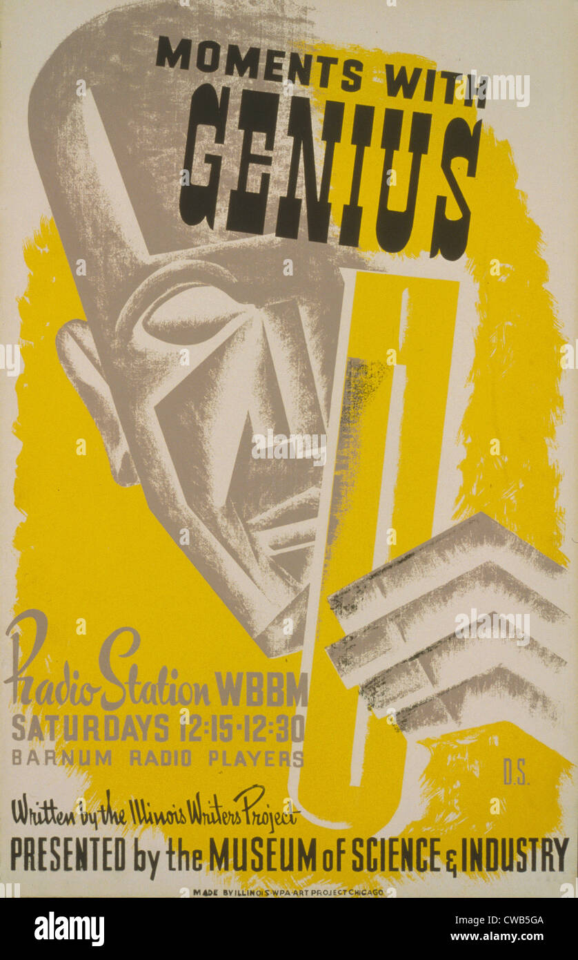 Plakat für eine Radio-Präsentation "Momente mit Genius" von Barnum-Radio-Player auf dem Radiosender WBBM, zeigt die stilisierte Stockfoto