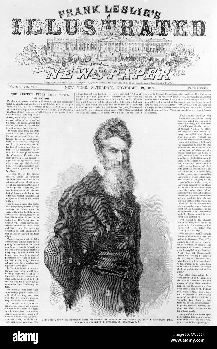 John Brown. Titelseite von Frank Leslie Illustrierte Zeitung mit Bild von John Brown, Holzschnitt, basierend auf Foto, 1859 Stockfoto