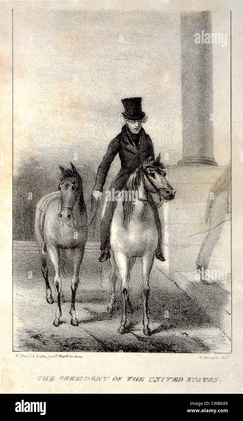 Der Präsident der Vereinigten Staaten. Andrew Jackson, hoch zu Ross mit einem anderen Pferd im Schlepptau, Ankunft im Weißen Haus, Stockfoto