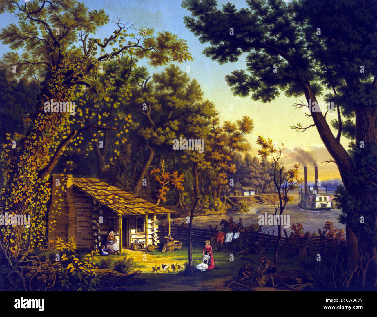 Siedler die erste Blockhaus.  Siedler außerhalb Blockhaus mit Dampfschiff am Fluss im Hintergrund. Farblithographie, 1870 Stockfoto