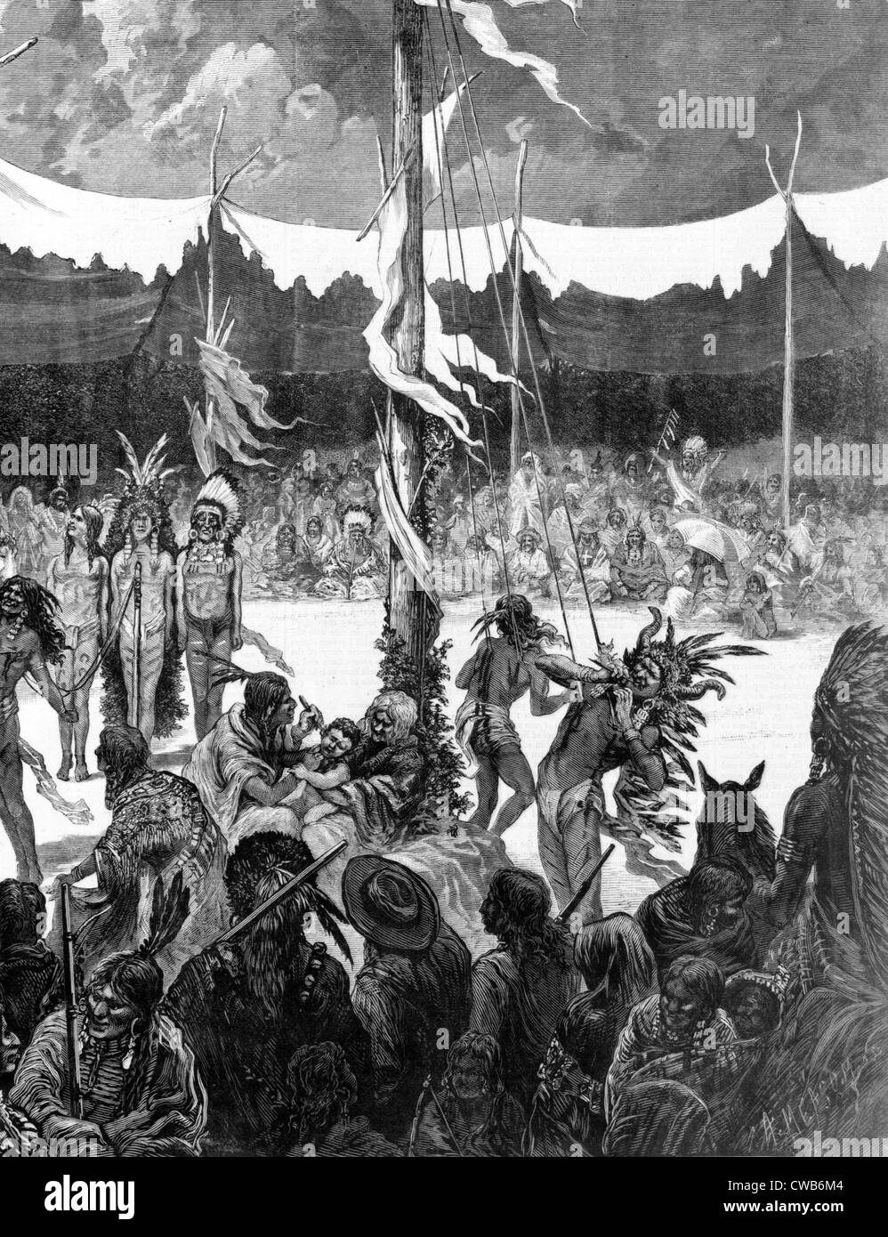 Cheyenne Sonnentanz--jungen Böcke beweisen ihre Ausdauer durch Selbstquälerei.  Holzstich 1875 Stockfoto