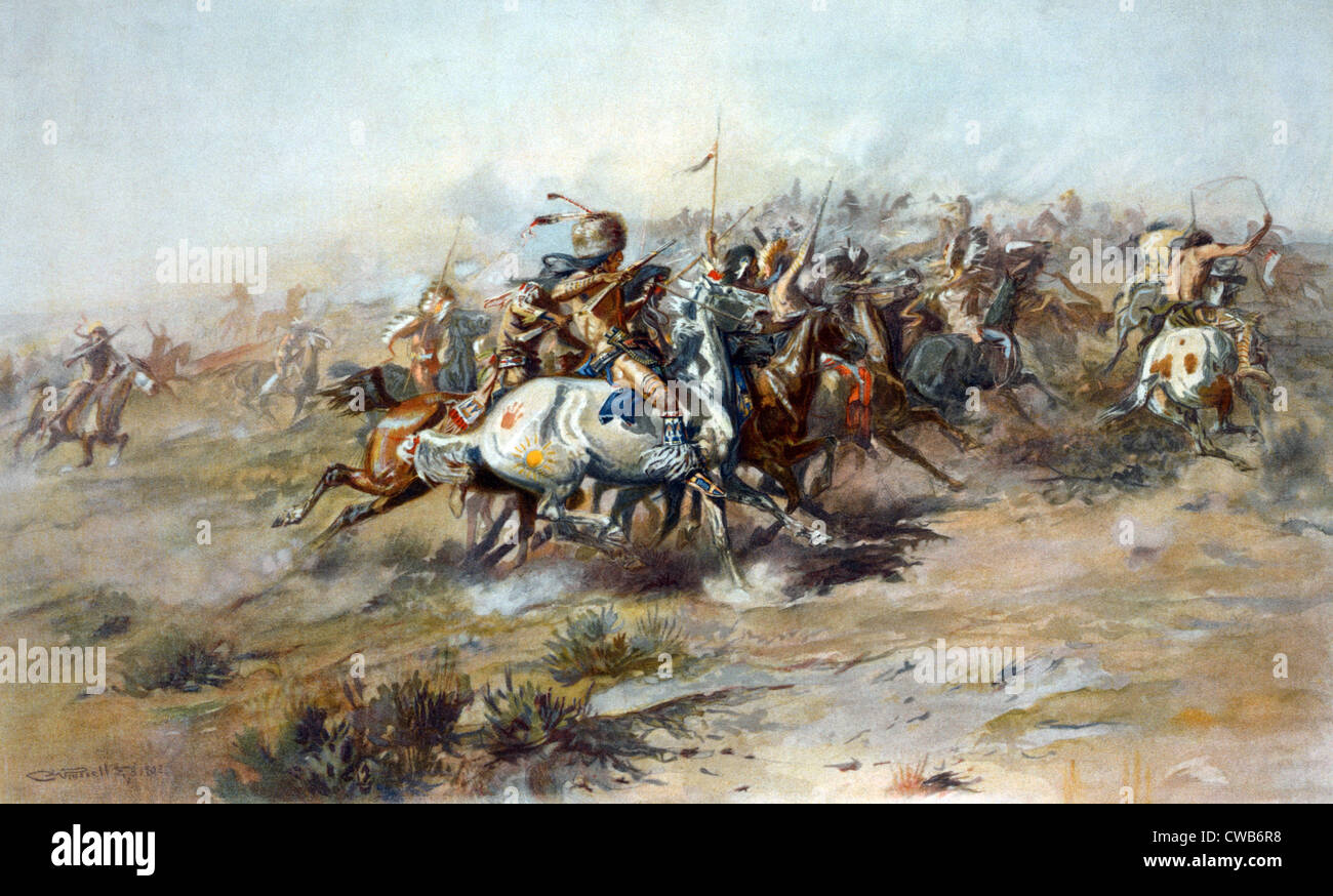 Custer-Kampf, die Schlacht von Little Bighorn, zeigt Sioux auf dem Pferd im Vordergrund, fotomechanischen Print von Charles Stockfoto