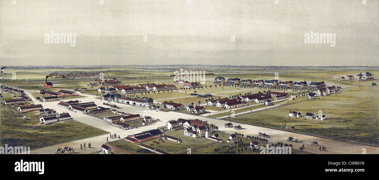 Vogelperspektive von Fort Reno, Oklahoma-Territorium 1891. Gezeichnet von T. M. Fowler. Farblithographie, 1891. Stockfoto