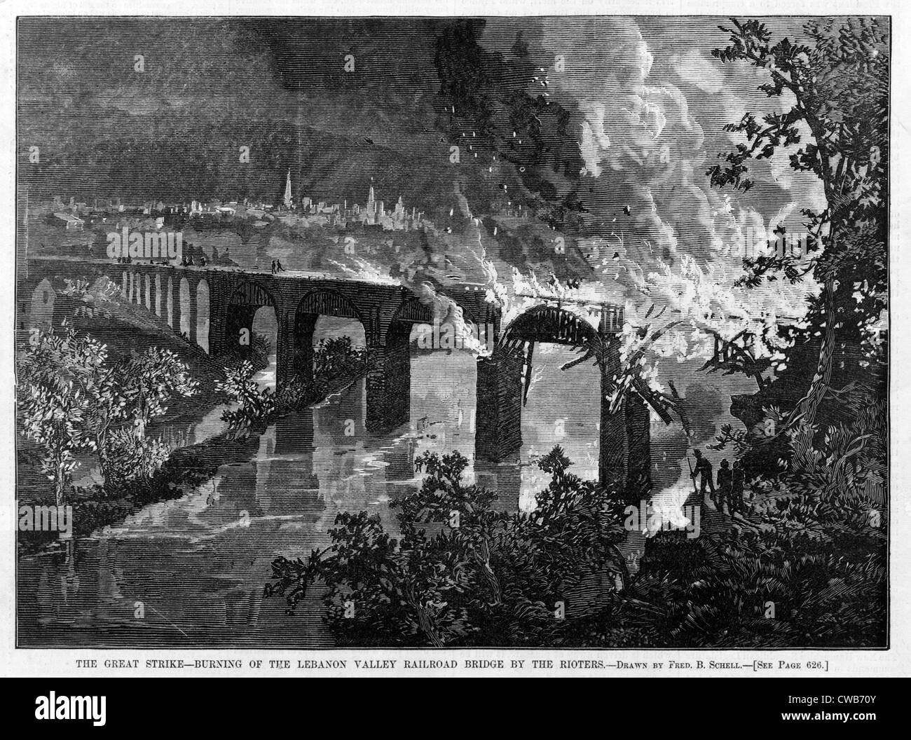 Große Eisenbahn-Streik von 1877. Brennen der Libanon Valley Railroad Bridge von den Randalierern. Pennsylvania, Holzschnitt, 1877 Stockfoto