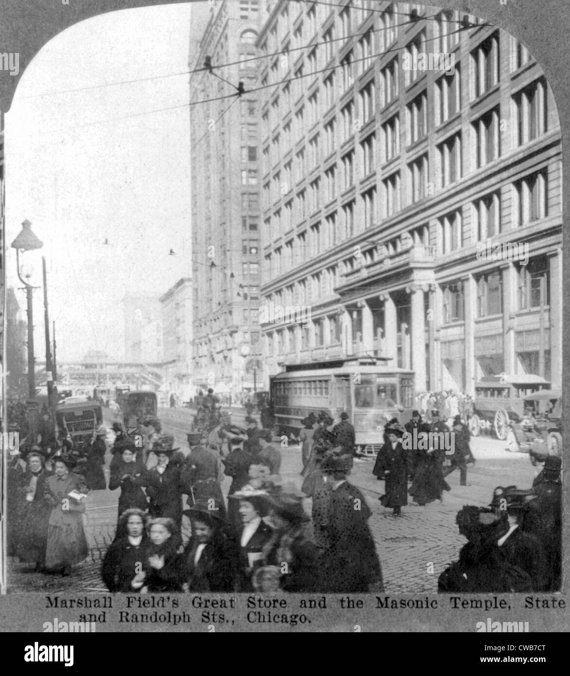 Marshall Field's Great Store und die Freimaurer-Tempel, Staat und STS. Randolph, Chicago, Il. Sterocard ca. 1909 Stockfoto