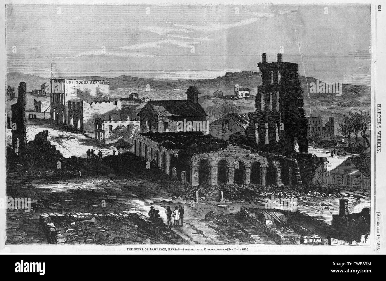 Der Bürgerkrieg, die Ruinen von Gebäuden in Lawrence, Kansas, folgenden Angriff durch William Quantrill und seine Verbündeten Räuber. Stockfoto