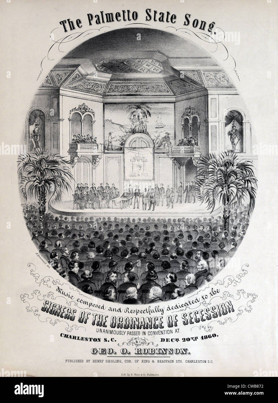 Der Bürgerkrieg, der Palmetto State Song. South Carolina State Convention Unterzeichnung der Verordnung der Secession, Dezember 20, Stockfoto