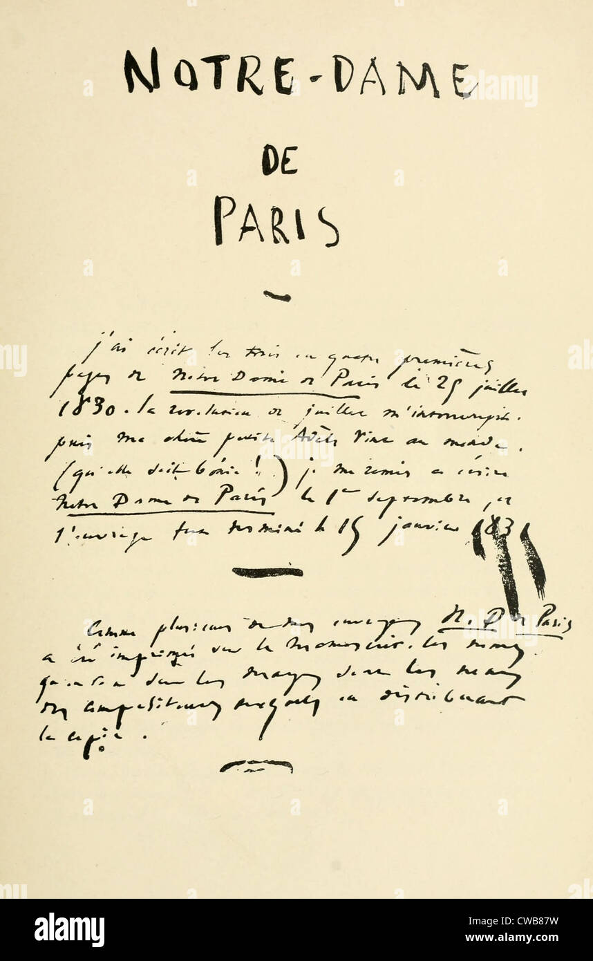 Notre-Dame de Paris (auch bekannt als der Glöckner von Notre-Dame) von Victor Hugo. Titel des Originalmanuskripts. 1829 Stockfoto