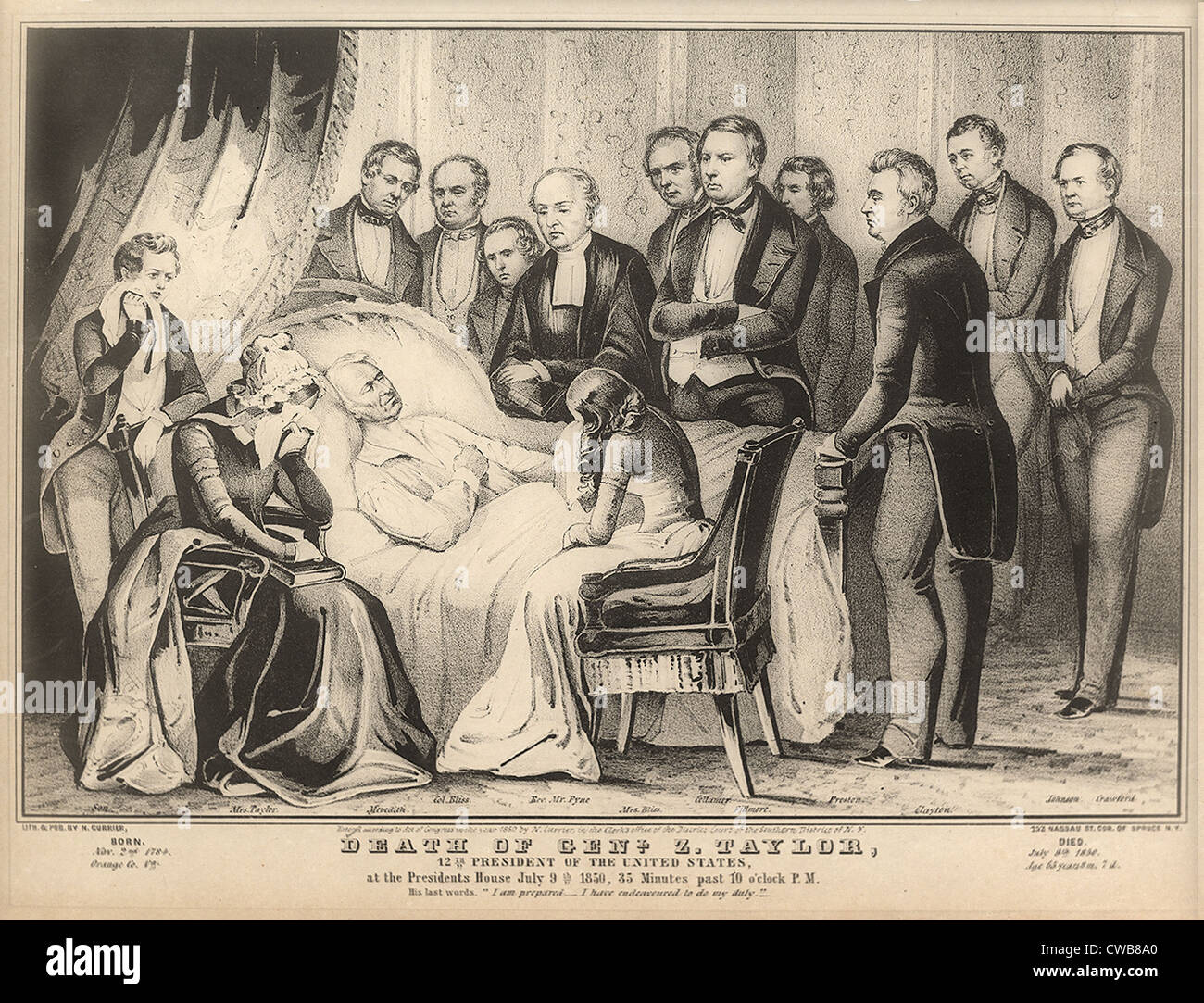 Zachary Taylor. Tod von Präsident Zachary Taylor. Taylor auf dem Sterbebett im Weißen Haus, Juli 1850. Stockfoto