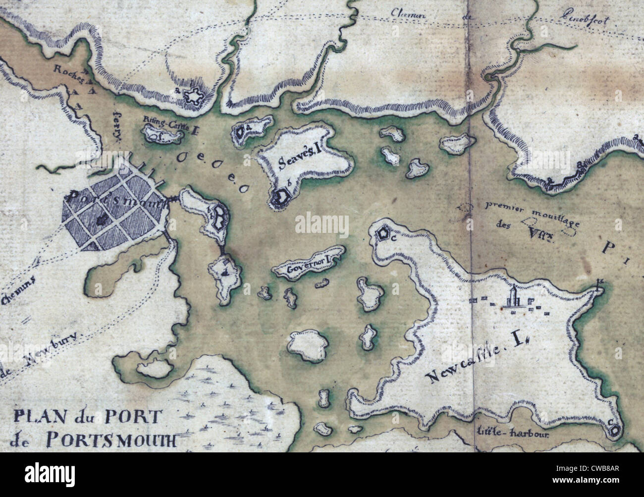 Die amerikanische Revolution. Portsmouth, New Hampshire. Manuskript-Karte von Portsmouth Hafen Detaillierung Befestigungsanlagen. 1782 Stockfoto