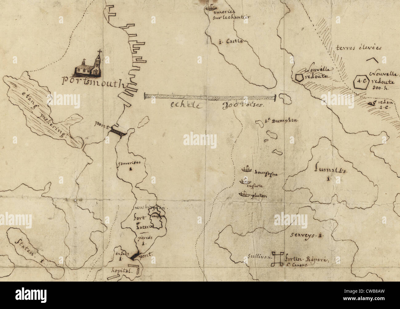 Die amerikanische Revolution. Portsmouth, New Hampshire. Manuskript-Karte von Portsmouth Hafen Detaillierung Befestigungsanlagen und Französisch Stockfoto