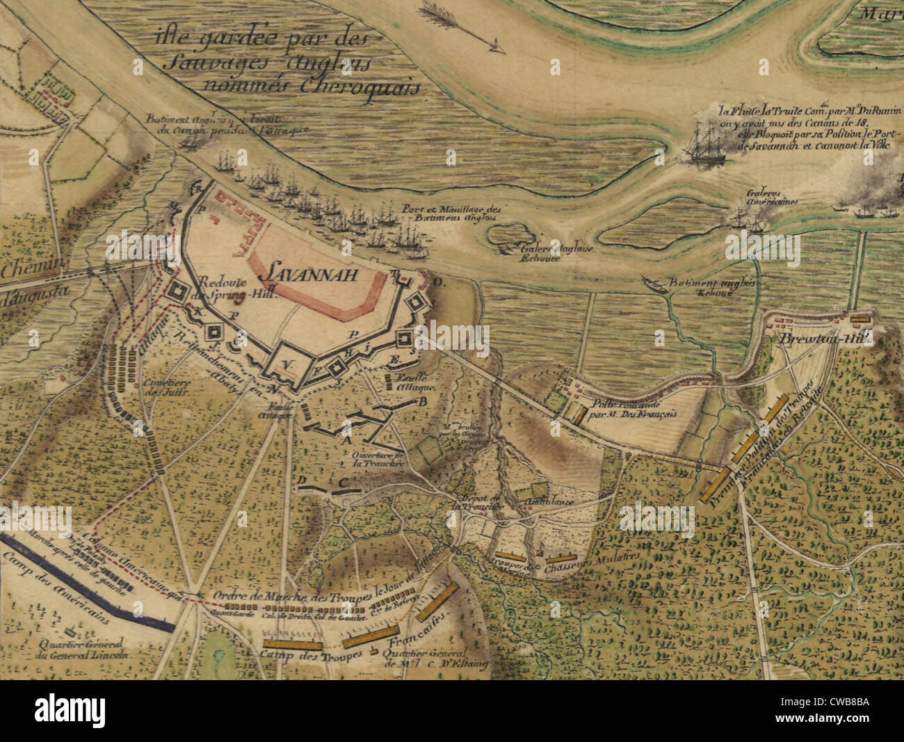 Die amerikanische Revolution. Belagerung von Savannah. Manuskript-Karte. 1779 Stockfoto