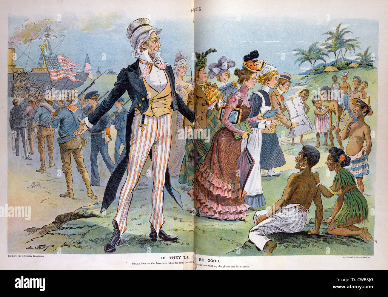 Spanisch-amerikanischer Krieg. Abbildung von Onkel Sam zwischen Abfahrt amerikanische Soldaten und amerikanischen Frauen ankommen Stockfoto