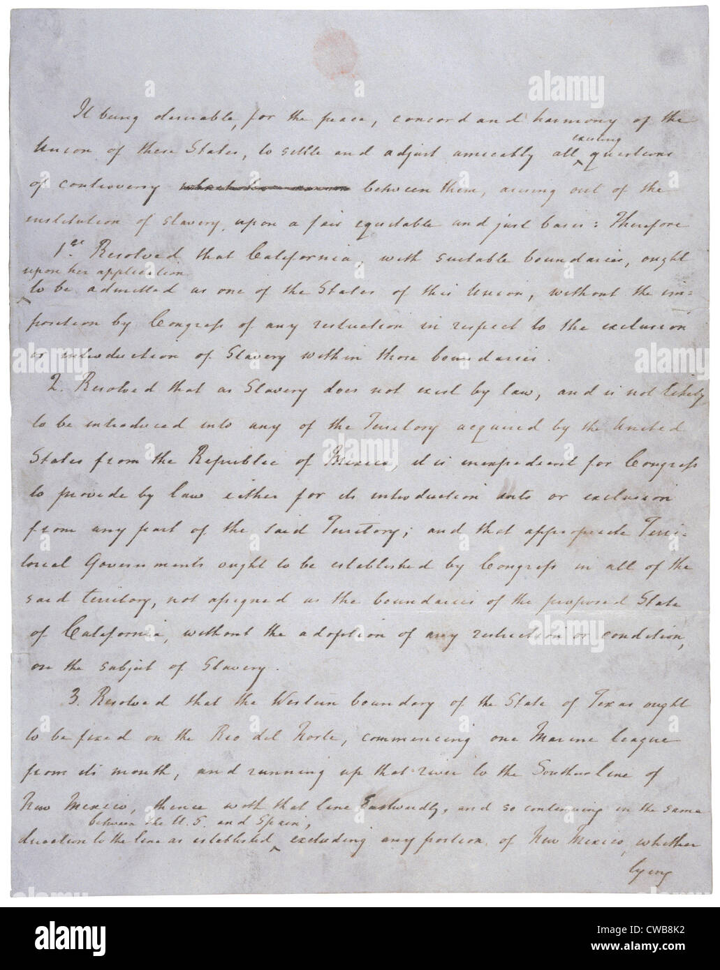 Kompromiß von 1850. Auflösung von Senator Henry Clay eingeführt. Henry Clay handschriftlichen Entwurf. 1850 Stockfoto
