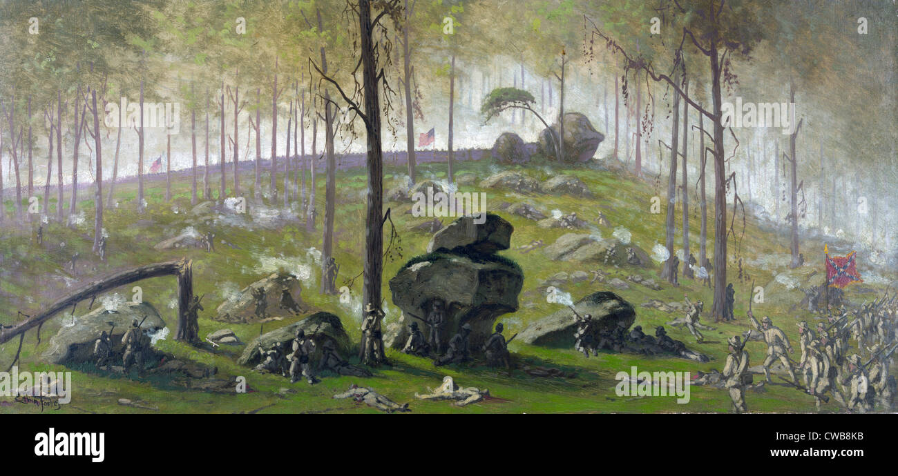 Der Bürgerkrieg. Die Schlacht von Gettysburg. Angriff der Johnstons div., C.S.A auf der Breastworks auf Hügel Culps, 07:30 Stockfoto