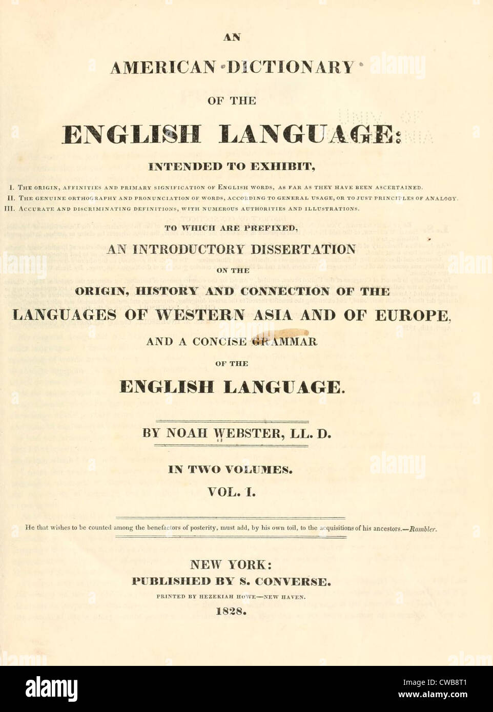 Amerikanische Wörterbuch der englischen Sprache von Noah Webster. Titelblatt der Erstausgabe, 1828 Stockfoto