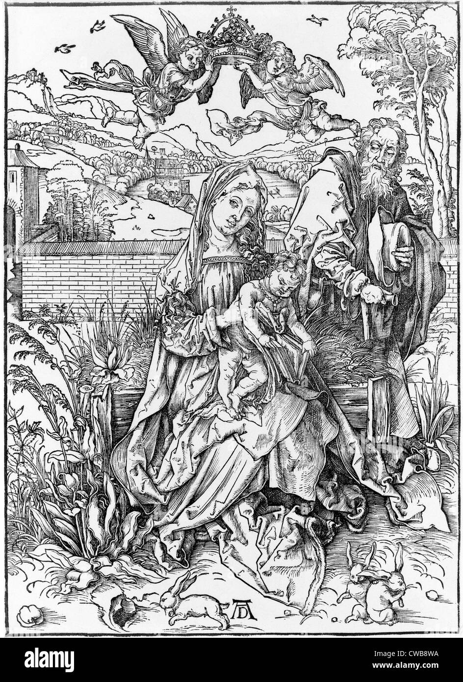Die Jungfrau mit Kind hält ein Buch von Albrecht Dürer, ca. 1498. Stockfoto