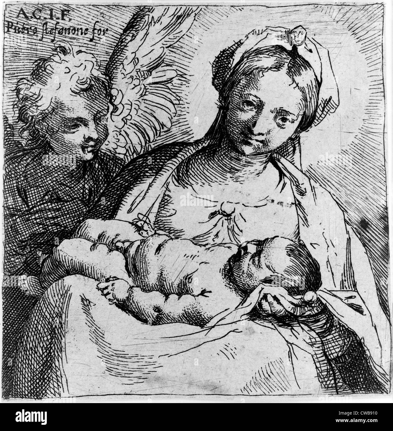 Jungfrau und Kind mit Engel, von Annibale Carracci, ca. späten 1500er. Stockfoto