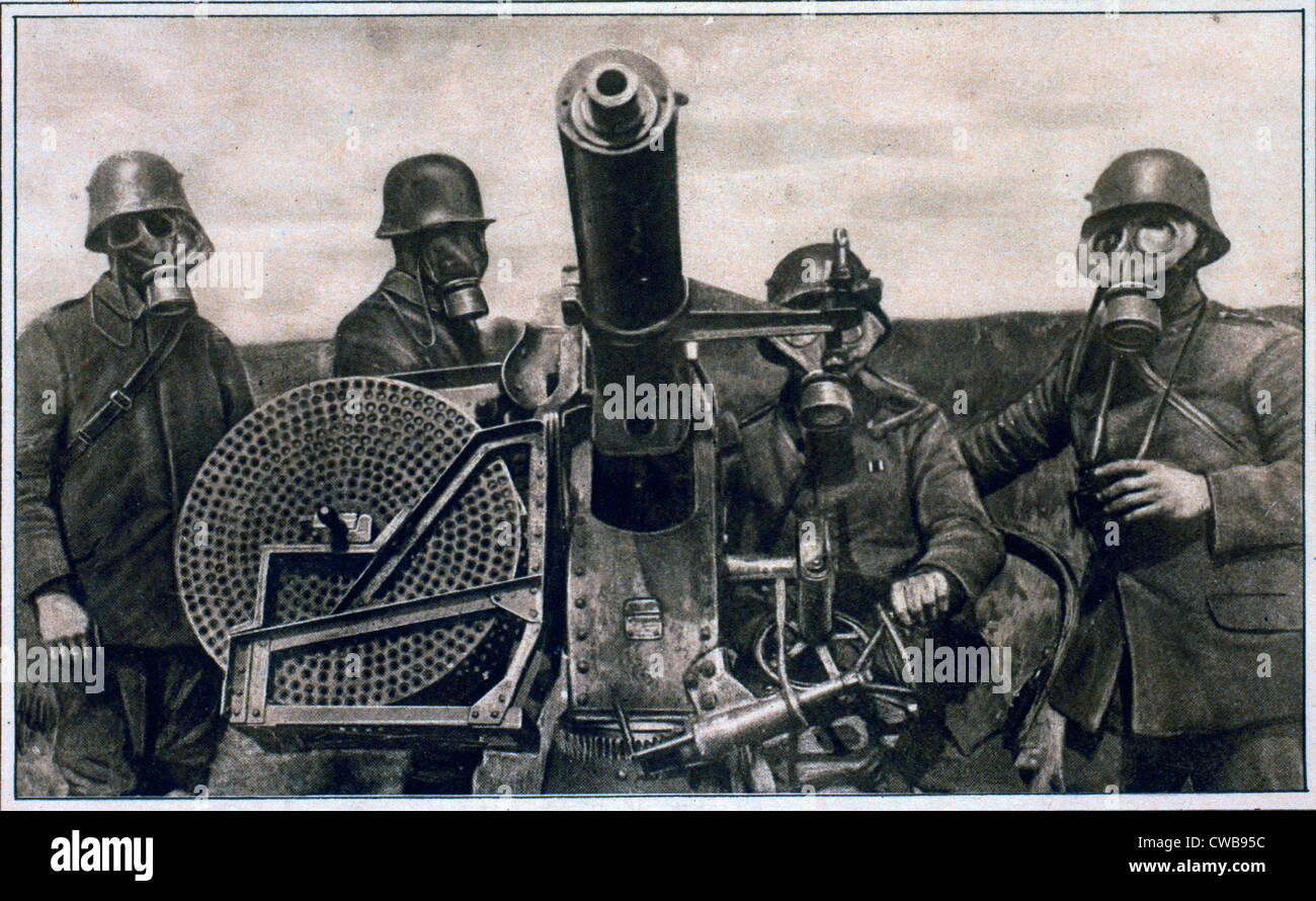 Deutsche Flak "Gunners" mit Gasmasken, ca. 1914-1918 Stockfoto