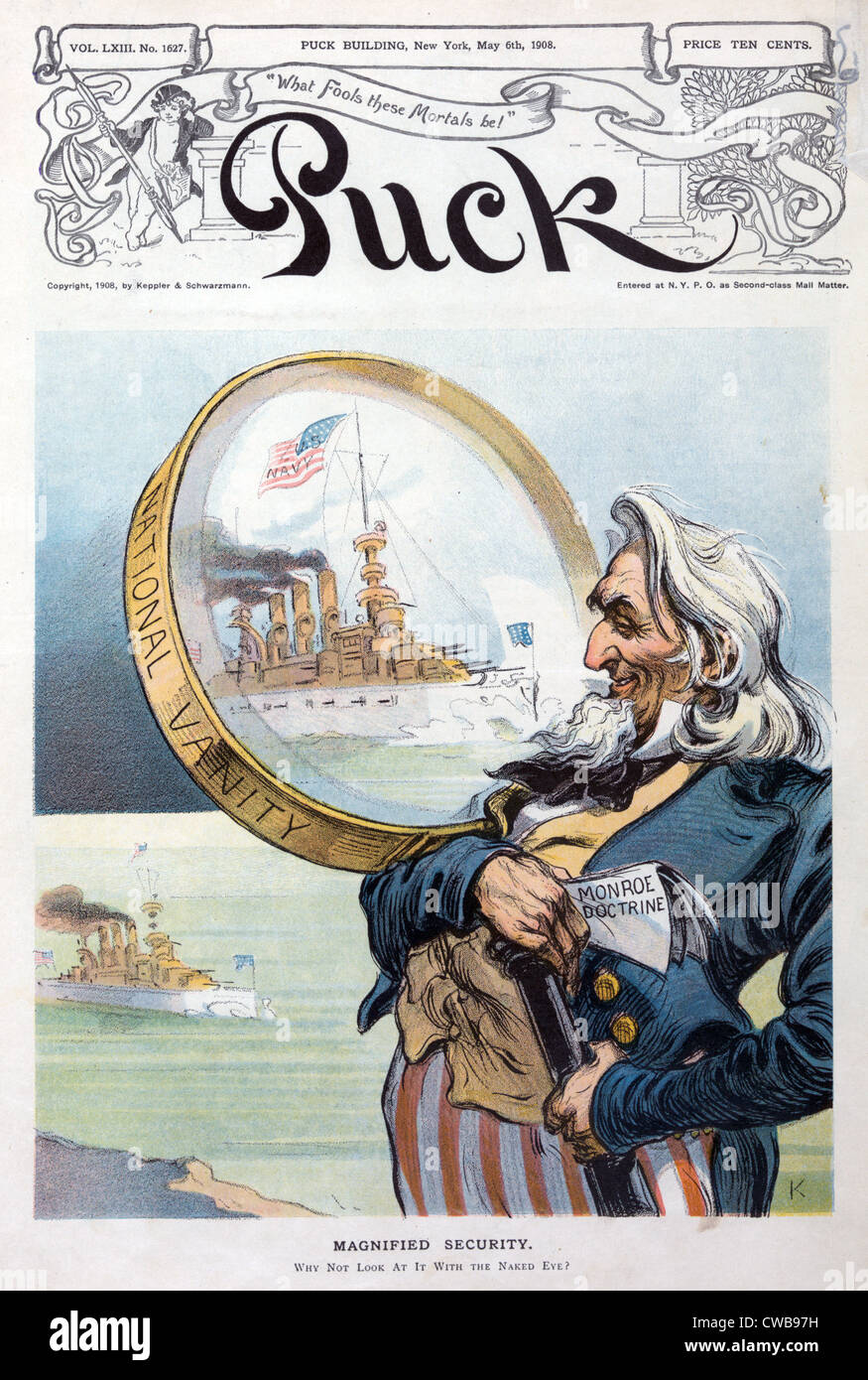 Die große weiße Flotte. Abbildung zeigt eine gigantische Uncle Sam ein Schlachtschiff der US-Marine großen weißen Flotte zu prüfen. 1908 Stockfoto