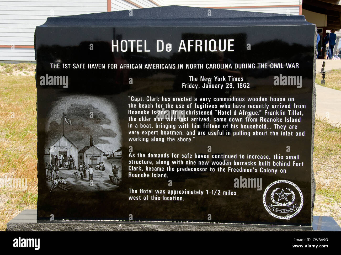 Hotel de Afrique Denkmal Bürgerkrieg Ära Hotel für befreite Sklaven, Friedhof der Atlantic Museum, Hatteras, Outer Banks, NC Stockfoto