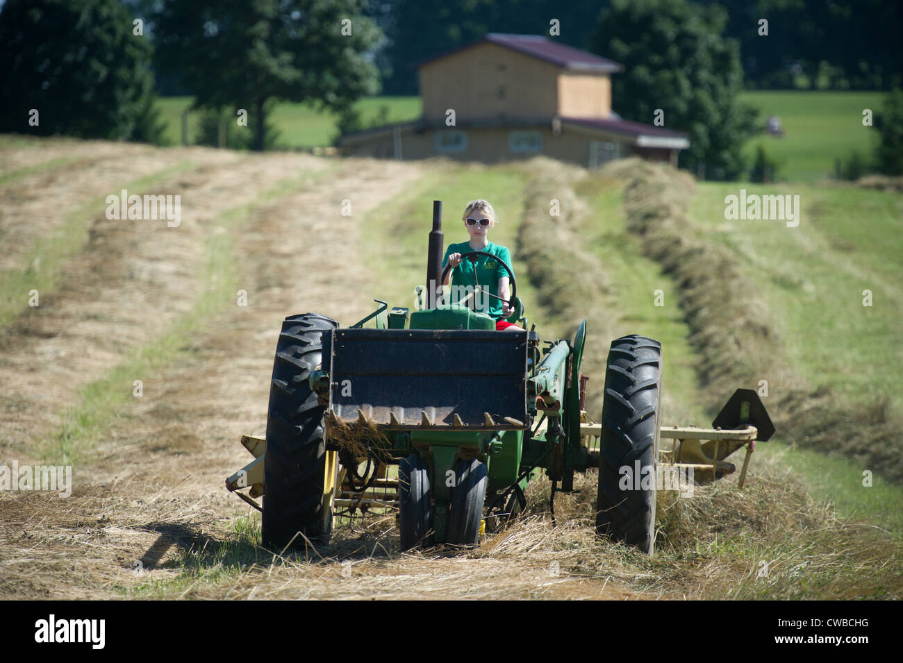 Teenager-Mädchen Heu mit John Deere Modell 50 Traktor und New Holland Bar Harke Rechen Stockfoto