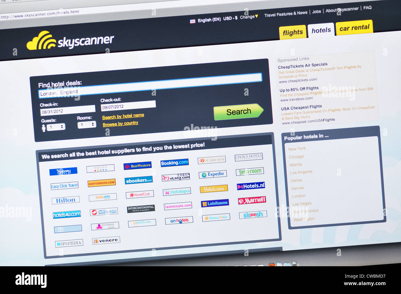 Skyscanner-Website - Flugticket Vergleich Stockfoto
