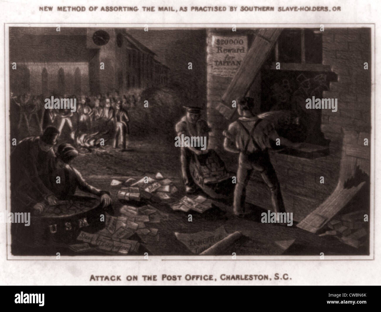 Razzia auf der Charleston Post von einem Mob von Anti-Abschaffung der Todesstrafe im Juli 1835.  Sklaverei-Anhängern verbrannt die Abschaffung der Todesstrafe Stockfoto