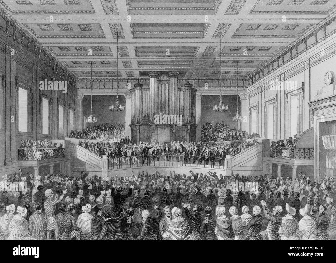 Exeter Hall gefüllt mit einer großen Menschenmenge für das Treffen der Anti-Slavery Society, London, England im Jahre 1841.  Nach Großbritannien rechtlich Stockfoto