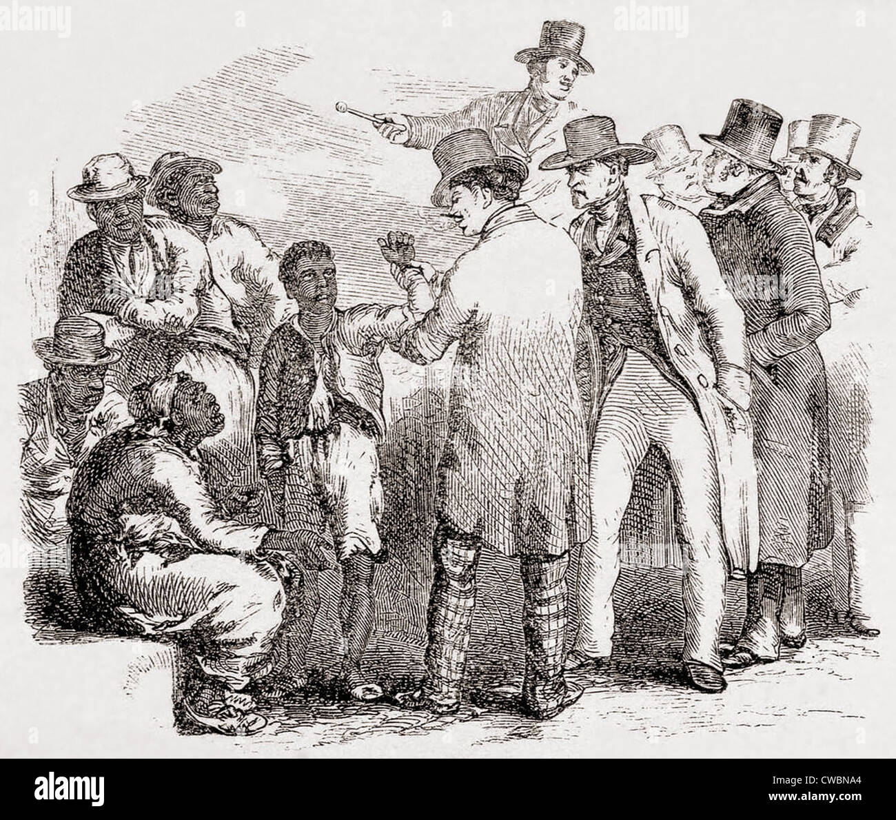 Versklavte Afroamerikaner verkauft an einer Auktion. 1853-Illustration von Hammat Billings von Onkel Toms Hütte, zeigt Albert wird Stockfoto