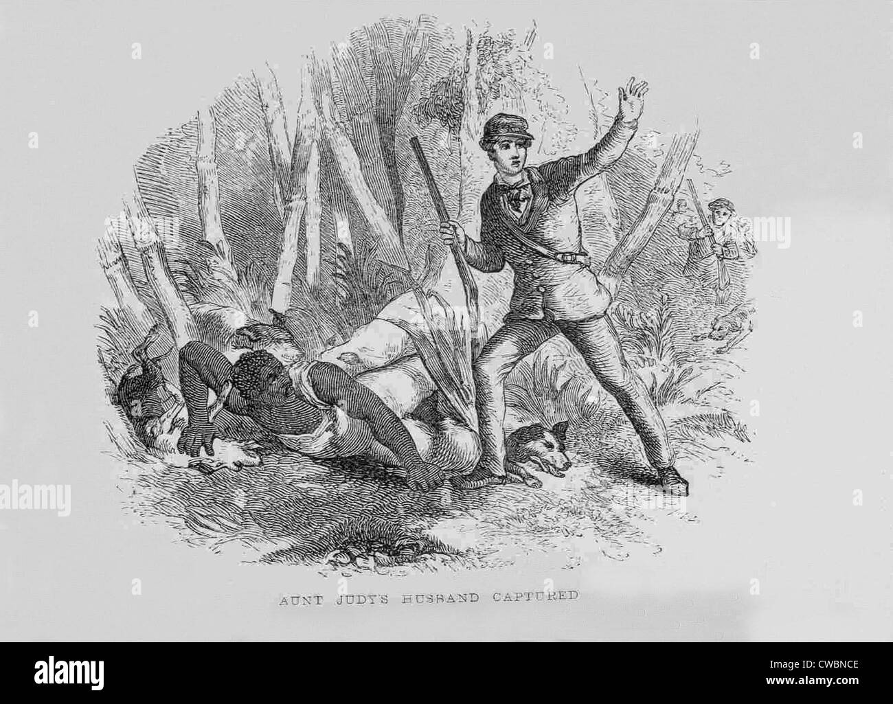 Entlaufenen Sklaven mit bewaffneten Sklaven Catcher und Hunde.  1853-Illustration von Hammat Billings von Onkel Toms Hütte, St zeigen. Stockfoto
