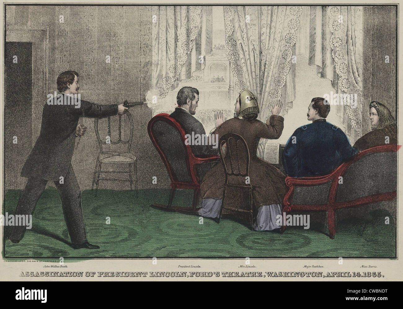 Die Ermordung von Präsident Lincoln von John Wilkes Booth im Ford Theater, Washington, D. C., 14. April 1865. Stockfoto