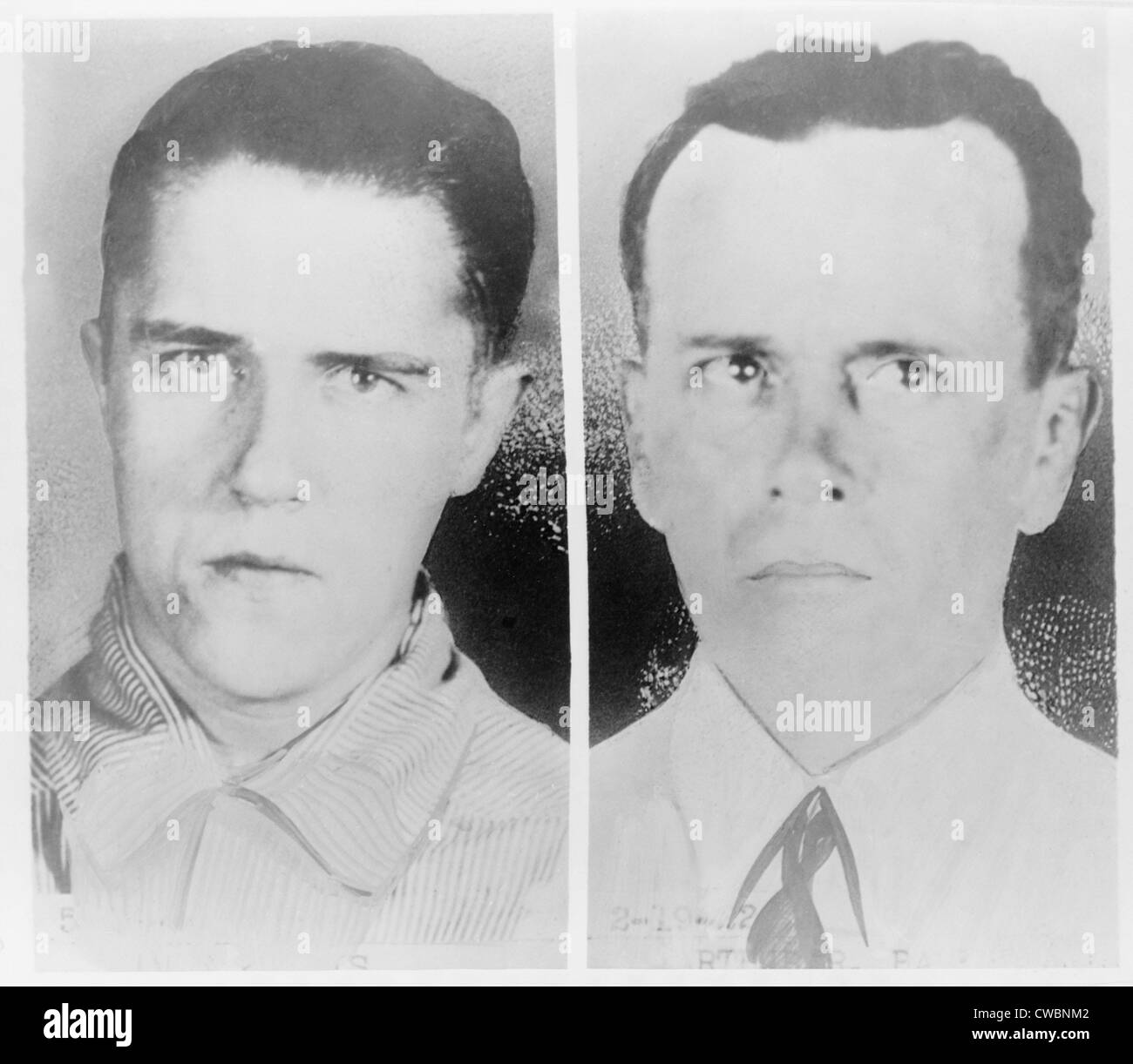 Alvin Francis 'Creepy Karpis' Karpowic (links) und Arthur R. 'Doc' Barker Mugshots (rechts). Die zwei Barker Bandenmitglieder wurden Stockfoto