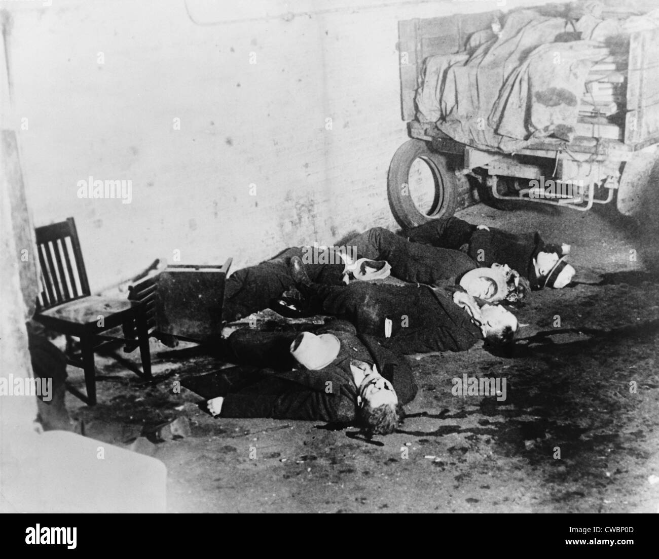 Saint Valentine's Day Massacre. Sieben Gangster Bugs Moran Bande wurden von Al Capone in einer Garage in Chicago am Feb getötet. Stockfoto