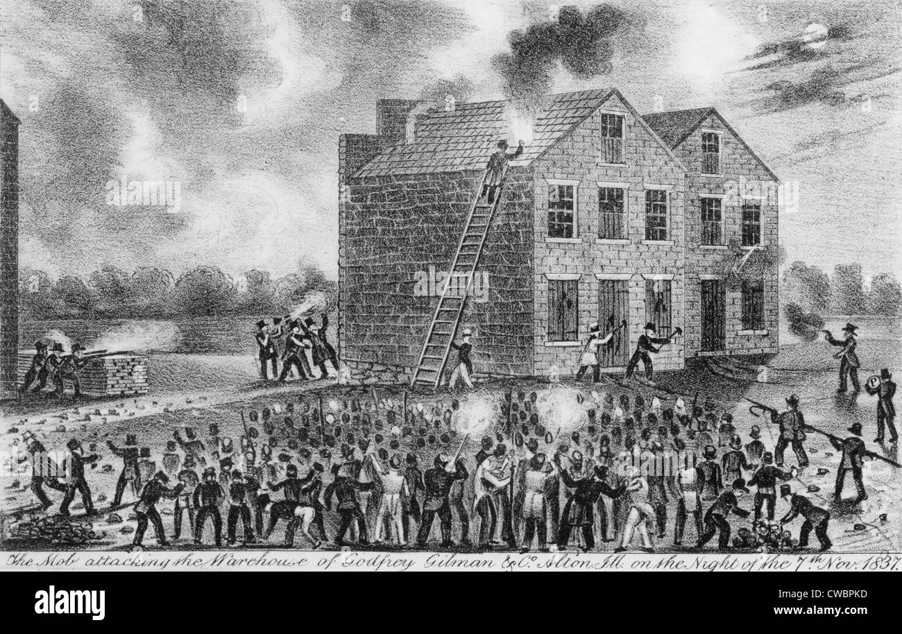 Ein pro-Sklaverei-Mob brannte das Gebäude der Zeitung der Abolitionist Elijah Parish Lovejoy (1802 – 1837) auf Stockfoto