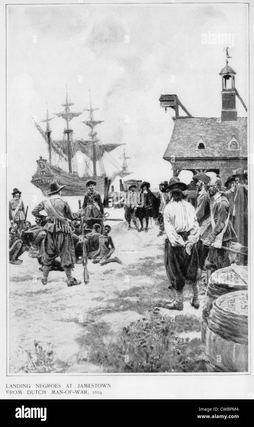 Landung von 20 afrikanischen Gefangenen bei Jamestown von holländischen Kriegsschiff, 1619.  In der frühen Kolonialzeit wurden Afrikaner in Virginia Stockfoto