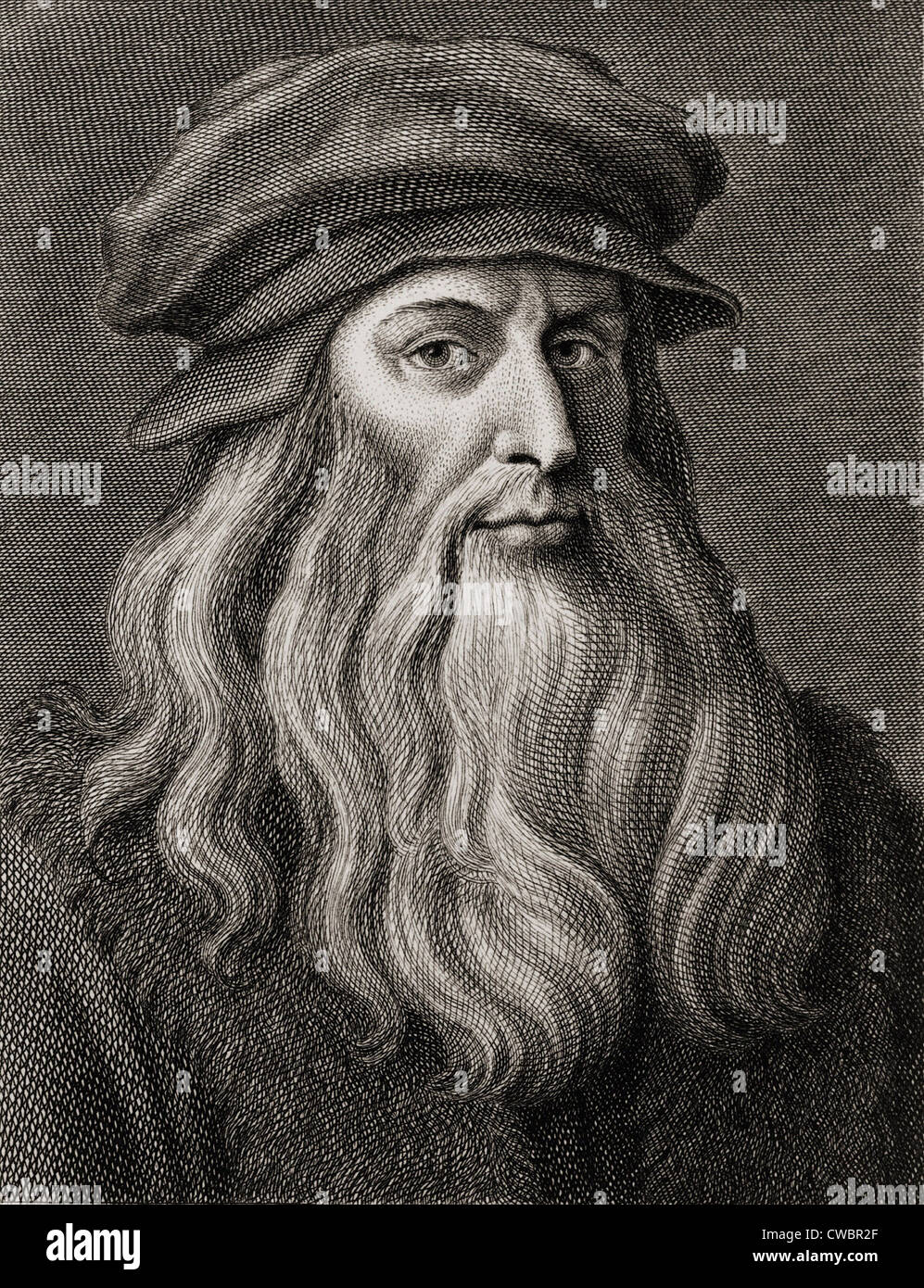 Leonardo da Vinci (1452-1519), italienischer Renaissance-Maler von Florenz entfernt. Kupferstich von Cosomo Colombini (gest. 1812) nach einer Stockfoto