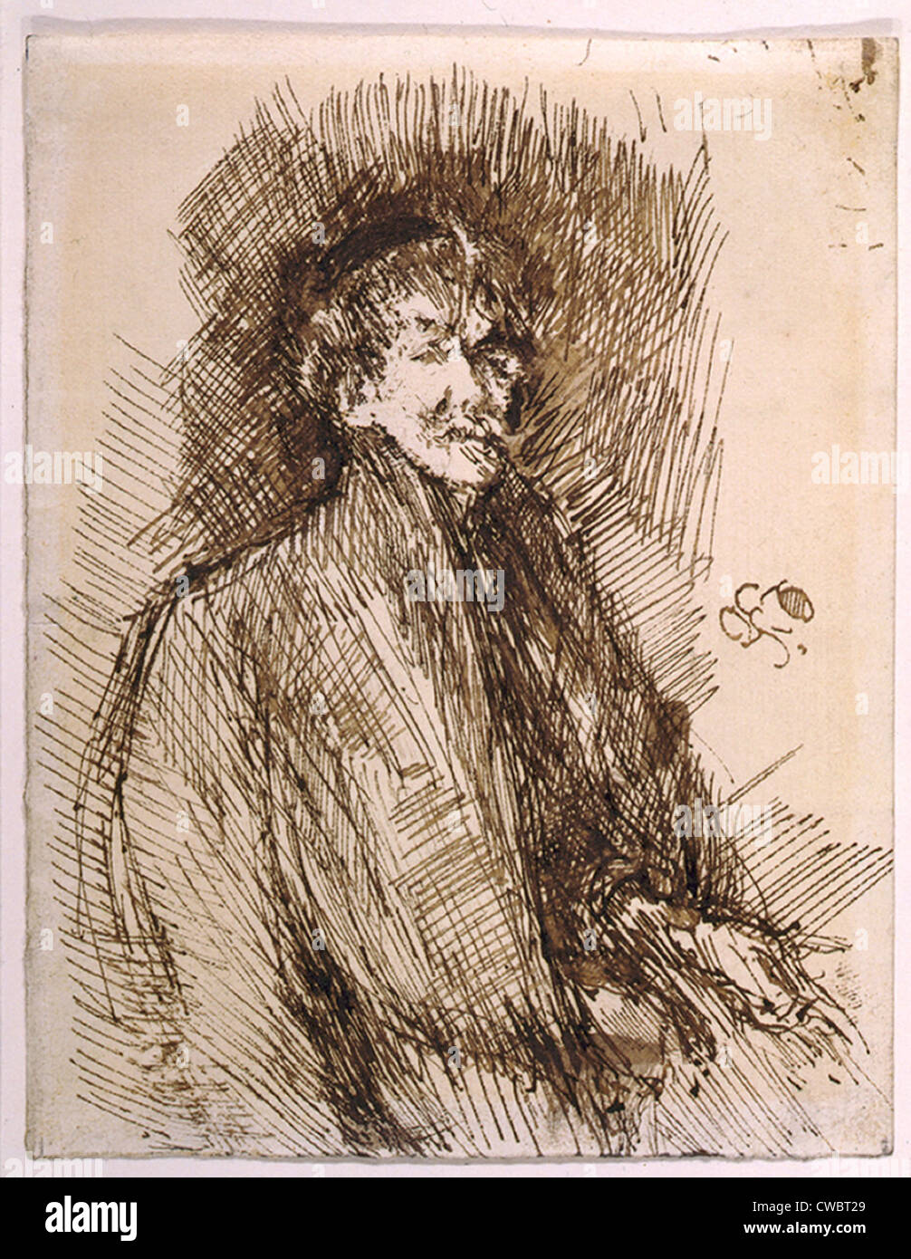 James McNeill Whistler (1834-1903), Selbstporträt in seinen abstrahierten impressionistischen Stil gezeichnet. Ca. 1899. Stockfoto