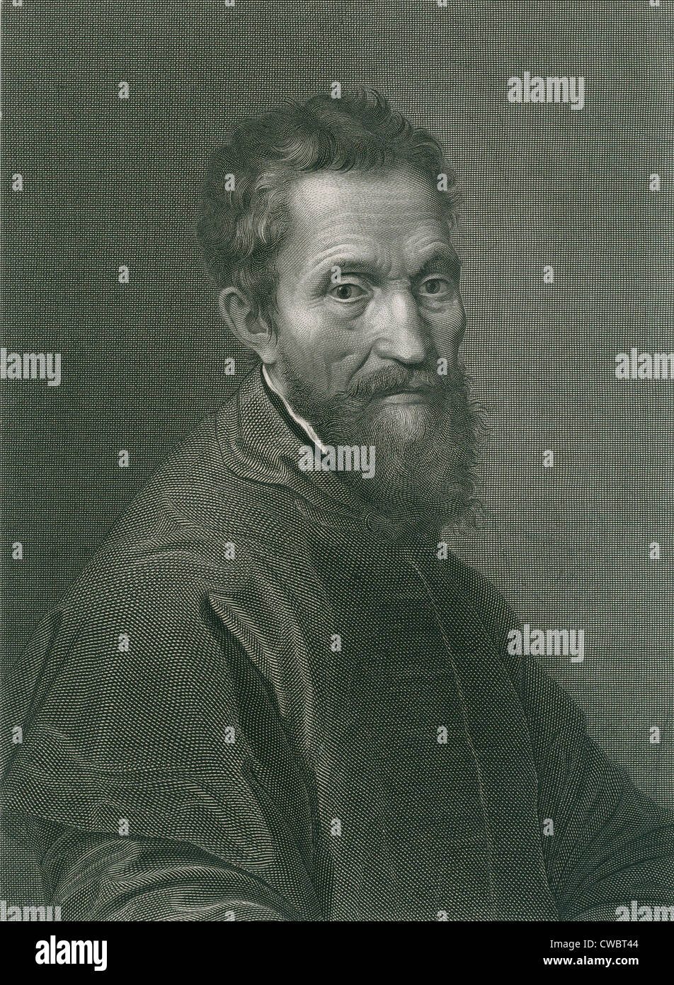 Michelangelo Buonarroti (1475-1564), Bildhauer und Maler der Hochrenaissance zu meistern. 1876-Kupferstich von A. Francois nach einer Stockfoto