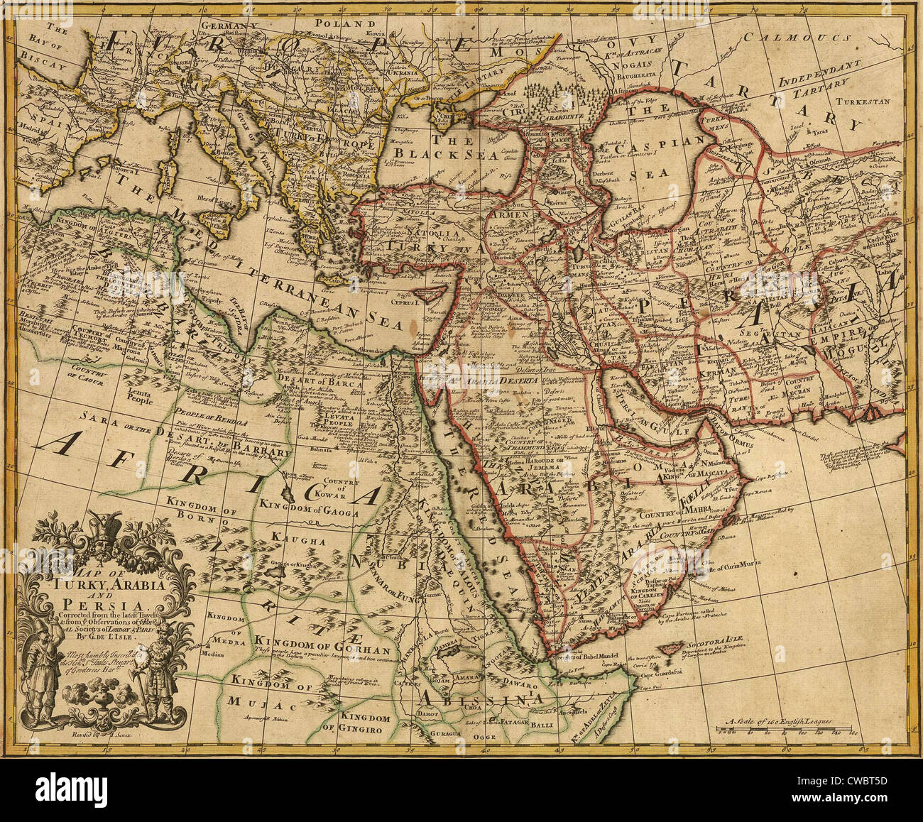 1721-Karte der Türkei, Arabien und Persien und Umgebung einschließlich Nordost-Afrika, Südeuropa und Vorderasien. Stockfoto