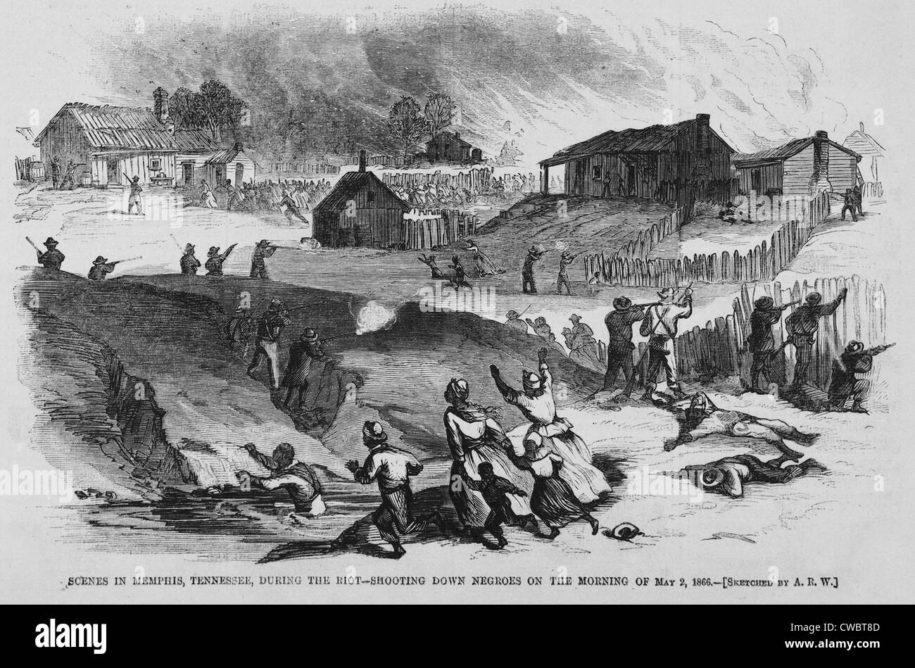 Race Riot in Memphis, Tennessee, 2. Mai 1866. Weißen Sie für zwei Tage Mobs, die Polizisten, Feuerwehrleute und einige enthalten Stockfoto