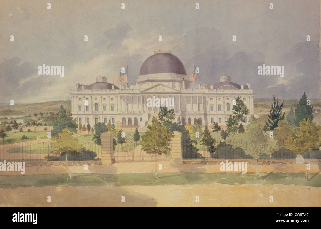 Vereinigte Staaten Kapitol-Gebäudes im Jahre 1828. Aquarell von Osten aus des amerikanischen Künstlers, John Rubens Smith. Stockfoto