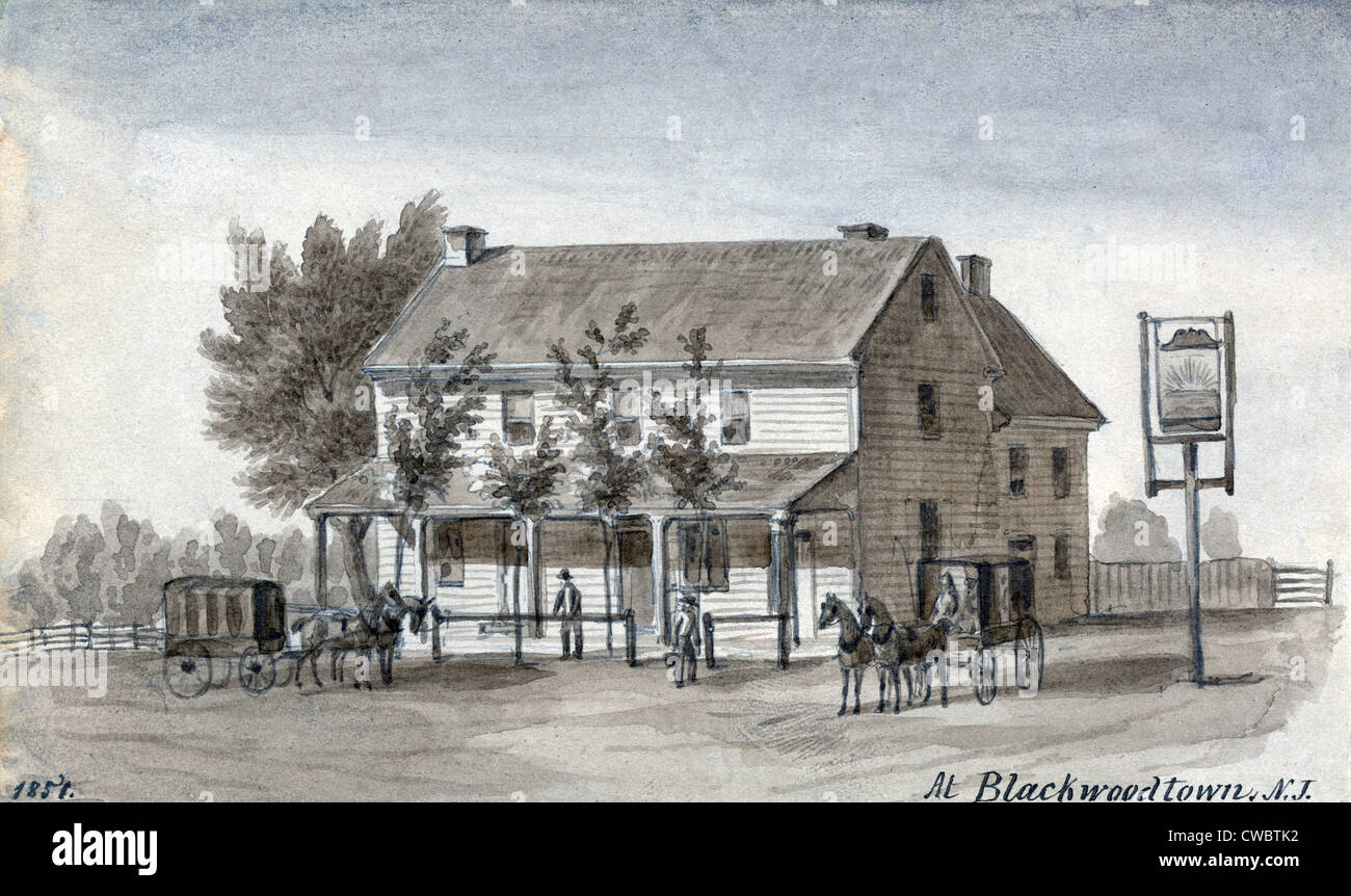 Eine Taverne mit Pferdekutschen an Blackwoodtown, N.J.  Aquarell von Augustus Kollner. 1851 Stockfoto