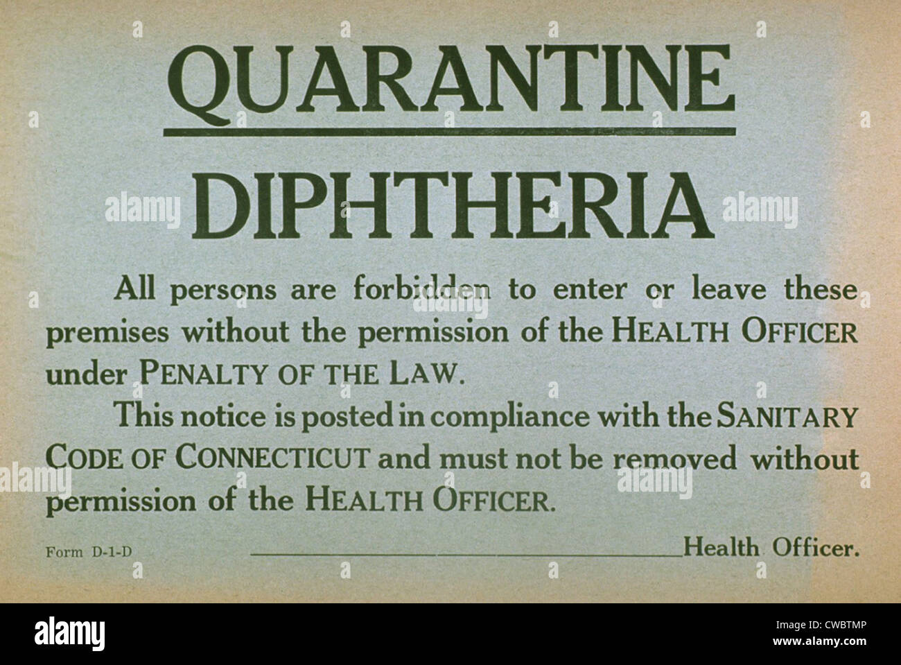 Anfang des 20. Jahrhunderts Quarantäne Zeichen für die Infektionskrankheit Diphtherie. Stockfoto