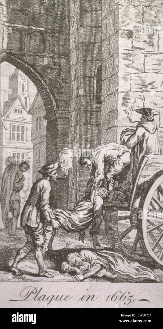 Große Pest von London (1665). Die Toten Pestkranken werden gesammelt und auf einen Wagen geladen, während der Pestepidemie von 1665 Stockfoto