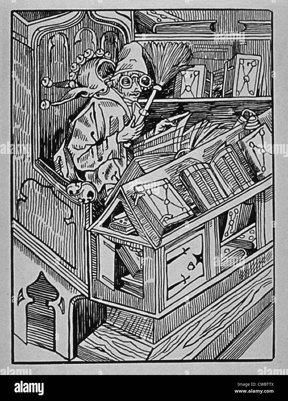 Eine EITLE BÜCHERSAMMLER, eine Illustration in DAS NARRENSCHIFF (Ship of Fools), 1498 Buch von deutscher satirischer Dichter, Sebastian Stockfoto