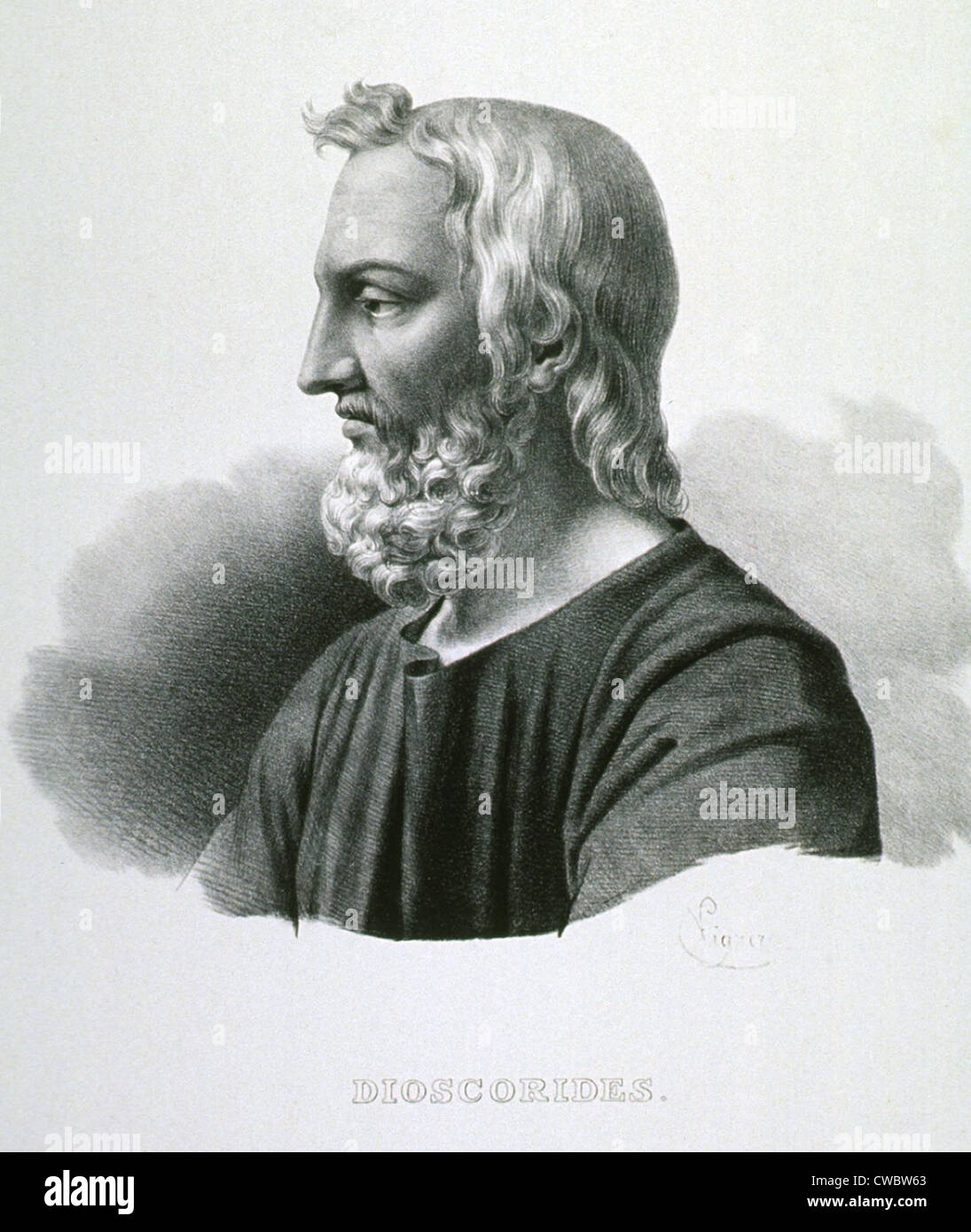 Pedanius Dioscorides (40-90 n. Chr.), griechischer Botaniker und Pharmakologe, schrieb DE MATERIA MEDICA (in Bezug auf medizinische Fragen), ein Stockfoto